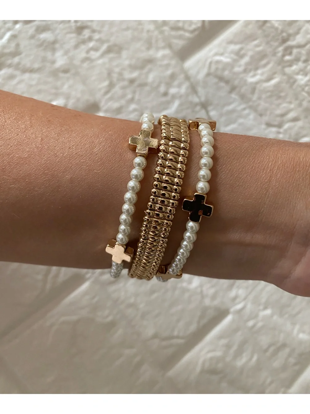 Set of 3 Pearl Gold Cross Bracelets - New With Tags